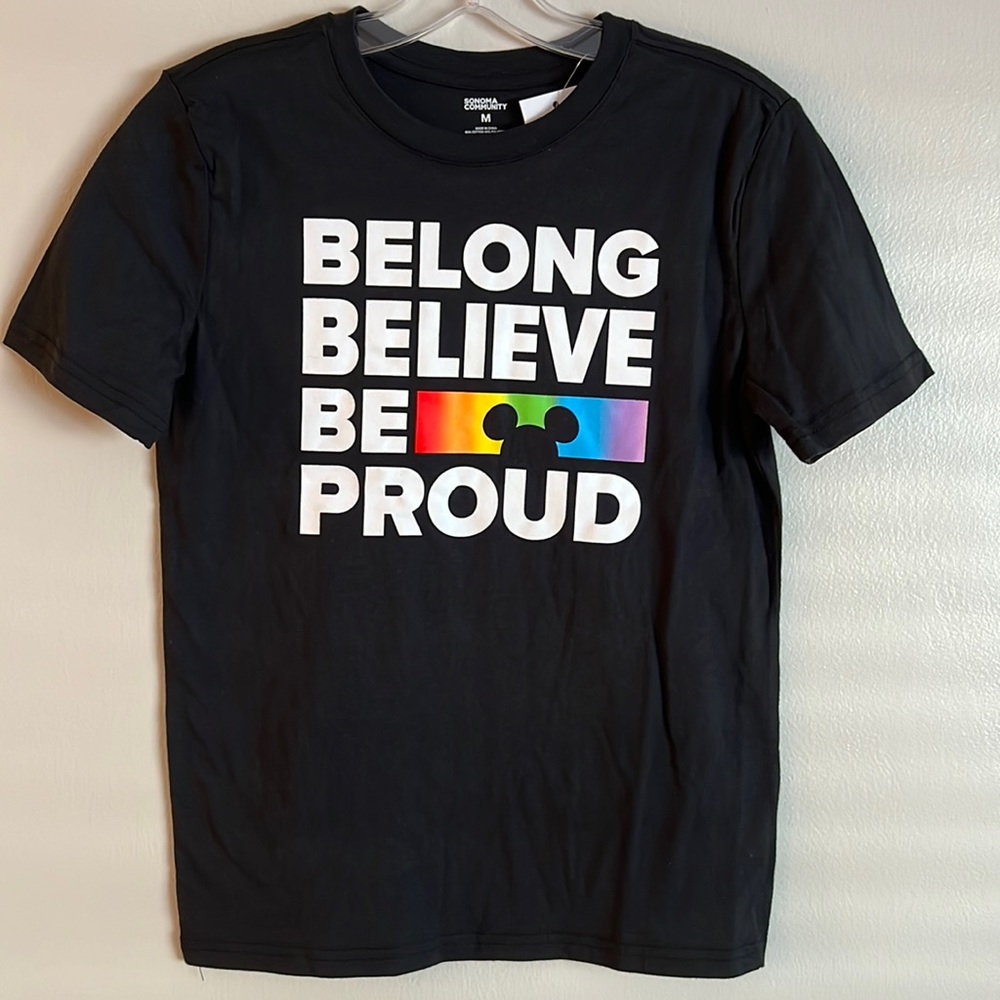 Disney PRIDE COMMUNITY T-Shirt BELONG Believe BE PROUD Rainbow Mickey Mouse Tee